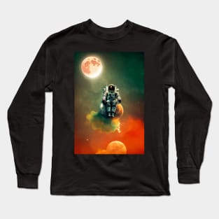 Astronaut sitting on a moon with red clouds in space with moons in the background Long Sleeve T-Shirt